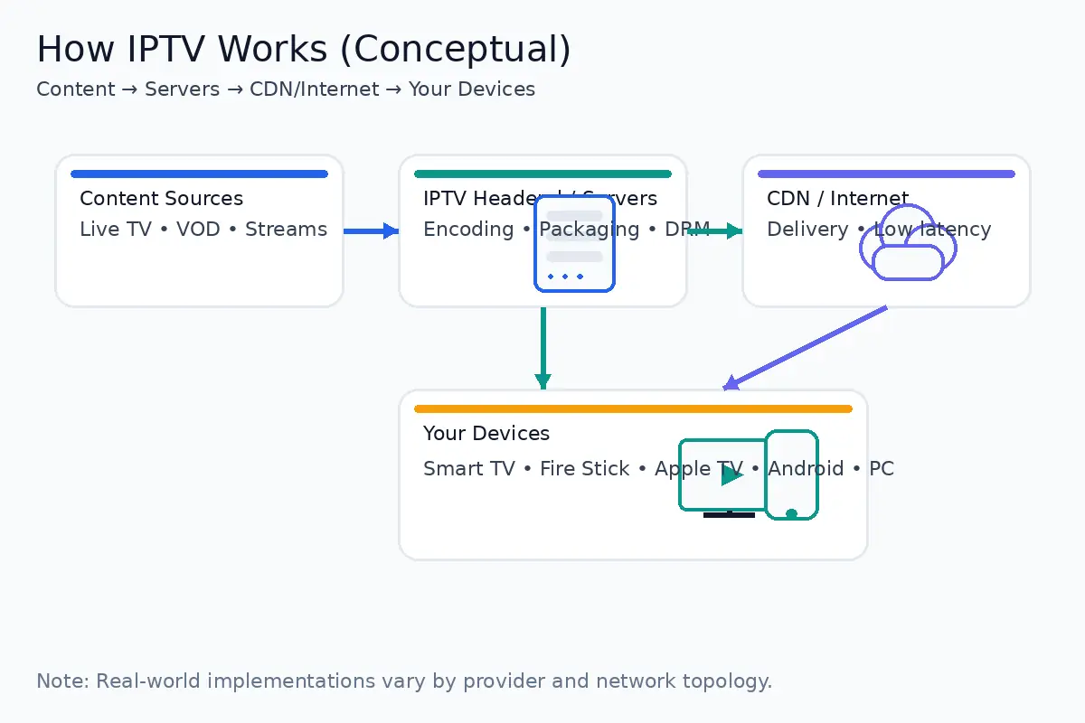 مخطط يوضح كيف يعمل IPTV من مصدر المحتوى إلى الخوادم ثم الإنترنت ثم أجهزة المستخدم