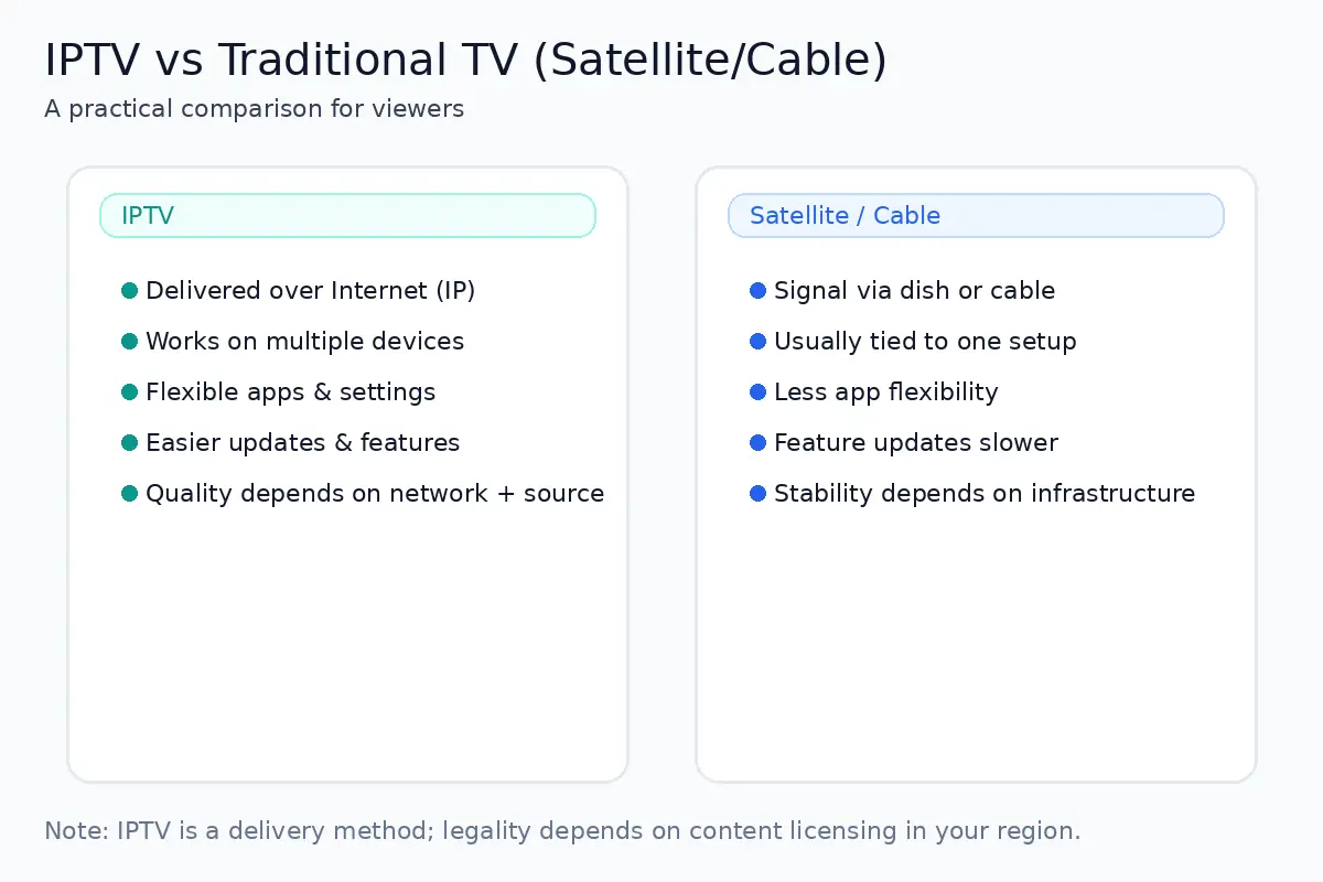 مقارنة بين IPTV والبث التقليدي عبر الأقمار الصناعية أو الكابل